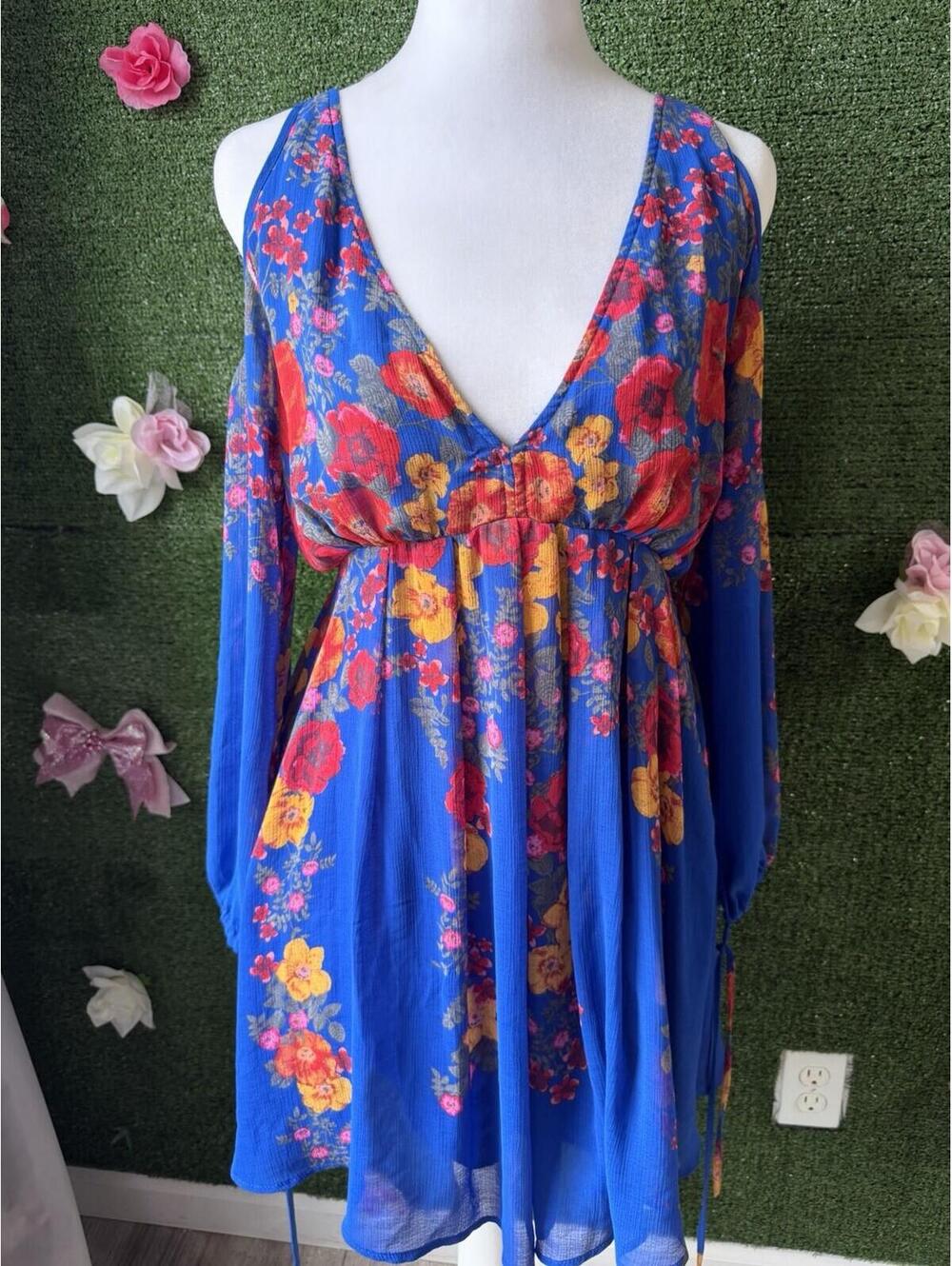 Free People Penny Lover Mini Dress in Colbalt Combo Floral Cold Shoulder Size M
